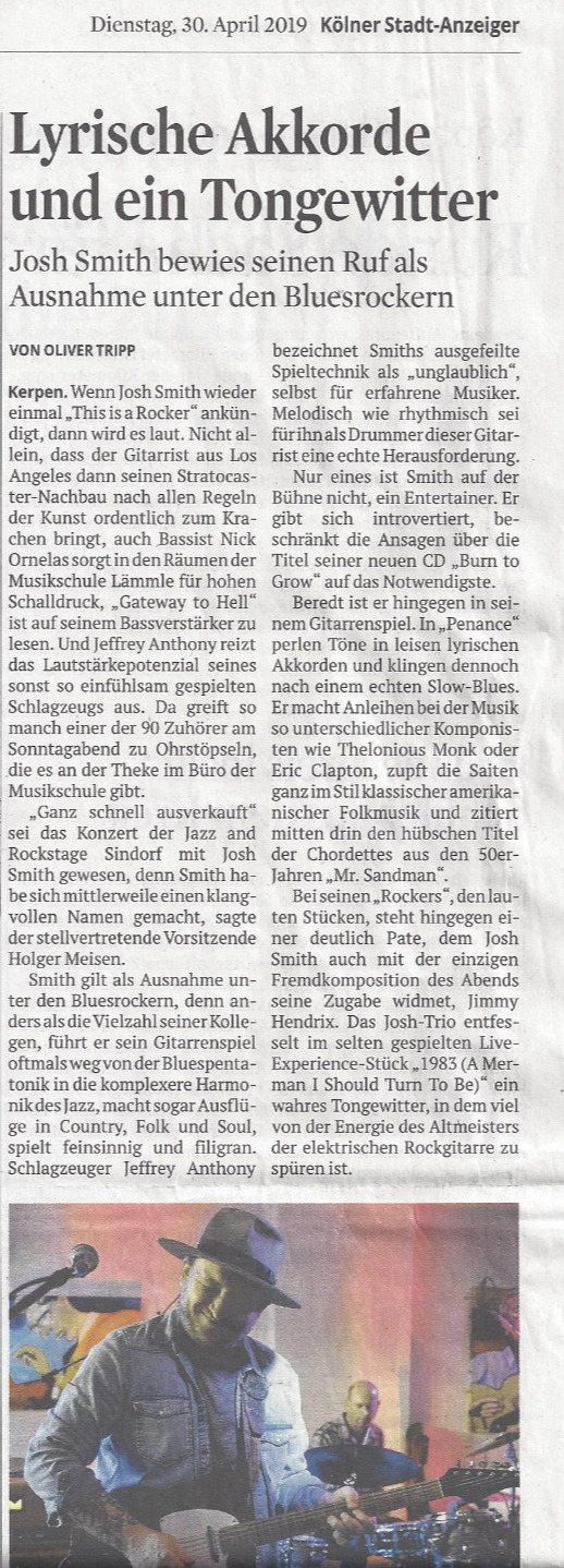 KStA-Artikel Über das Konzert mit Josh Smith am 28.04.2019
