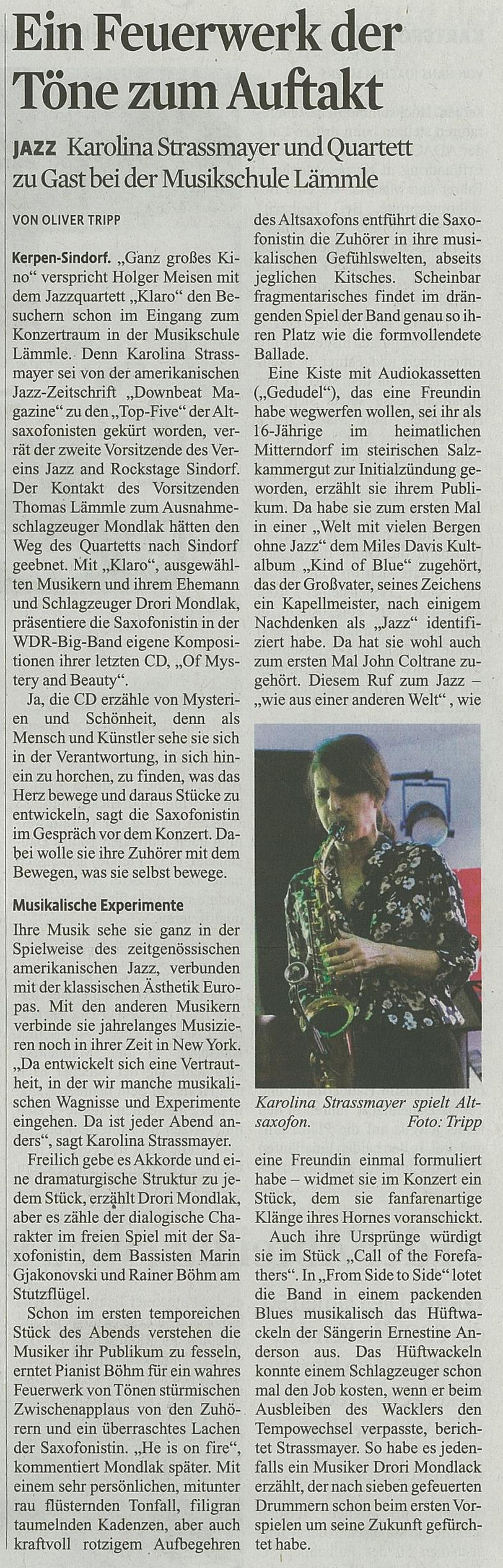 KStA-Artikel zum Konzert Karolina Strassmayer 2016